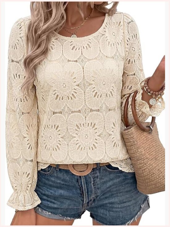 Tops - Elegant Eyelet Lace Long Sleeve Top Dressy Casual Blouse Office Shirt